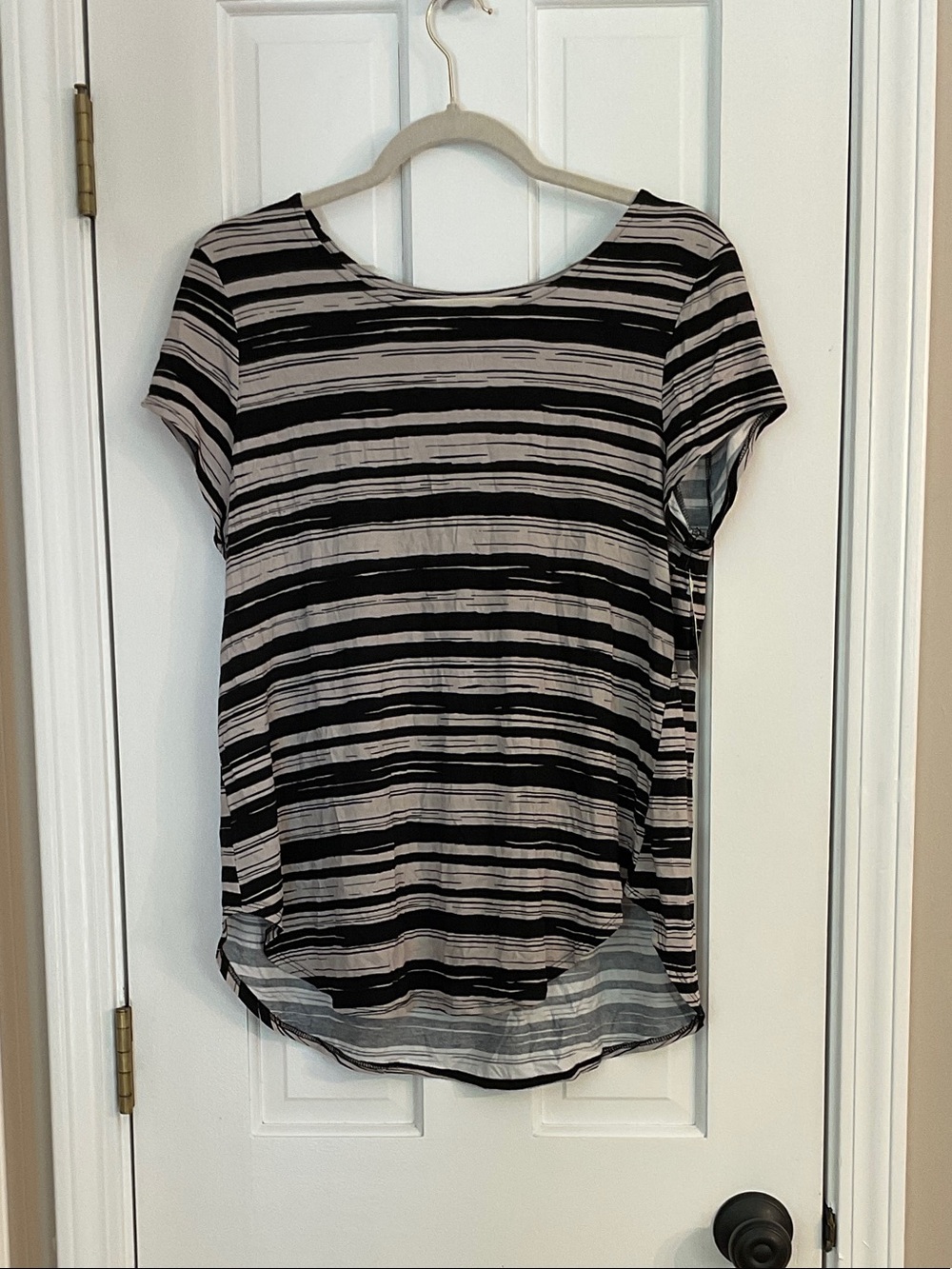 Alfani Black & Gray Striped Scoop Neck Short Sleeve Top